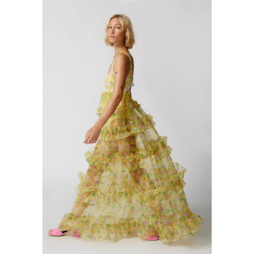 Yellow For Love And Lemons Vikki Floral Ruffle Maxi Dress Size Small NWT